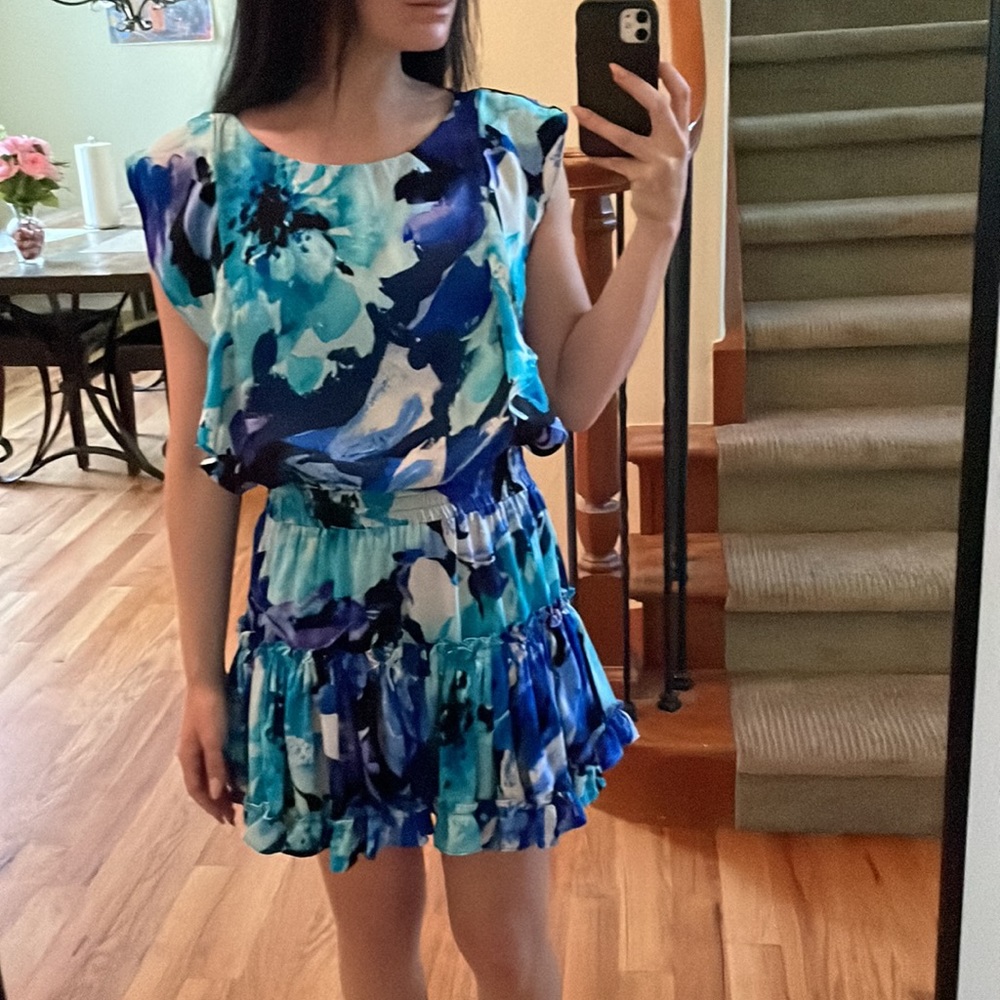 MISA Los Angeles Blue purple white floral print Sleeveless Ruffle Mini Dress XS